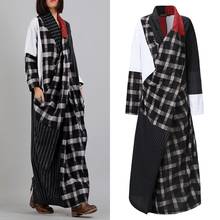 ZANZEA 2021 Elegant Women's Plaid Sundress Stiching Maxi Dress Long Sleeve Vestidos Female V-Neck Stripe Casual Robe  2024 - buy cheap