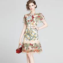 Retro Mesh Floral Embroidery Dress 2021 Summer Elegant Women Short Sleeve Ruffles Office OL Casual Mini Dresses Vestidos 2024 - buy cheap