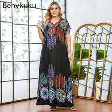 Mais tamanho étnico impressão maxi boho vestido feminino verão longo túnica manga curta com decote em v kaftan ramadan muçulmano abaya africano jurken 2024 - compre barato