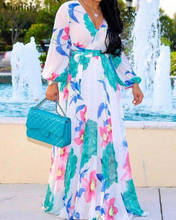 Vestido longo estampado tropical, vestido feminino de verão, elegante, decote em v profundo, vestido maxi chiffon estampado floral 2024 - compre barato