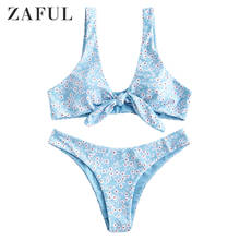 ZAFUL Women Tiny Floral Low Waist Knot Bikini Swimsuit Plunging Neck Print Bohemia Bathing Suit Padded Sexy Swimwear Bikini Set 2024 - buy cheap