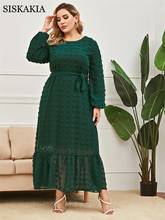 Siskakia темно-зеленое платье макси с помпоном для женщин Eid 2021 элегантное Инди народное О-образным вырезом длинный рукав в арабском стиле Оман мусульманские турецкие одежды 2024 - купить недорого