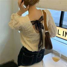 2021 New Women Spring Backless Bow Tie Beige Feather Blouse Vintage Full Sleeve Shirt Pullover Tops 2024 - buy cheap