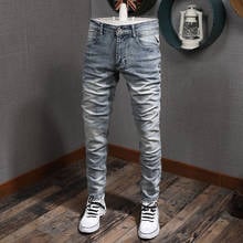 Italian Style Fashion Men Jeans Light Blue Slim Fit Elastic Vintage Jeans Men Classical Denim Pants Streetwear Designer Jeans 2024 - buy cheap