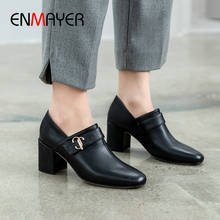 ENMAYER 2020 Round Toe Genuine Leather Slip-On Office Lady Women Shoes Office Career High Heels Metal Decoration Wedding Shoes 2024 - buy cheap