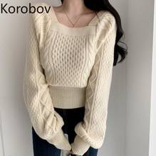 Korobov 2020 Autumn Women Square Collar Pullovers Sweet Long Sleeve Sweaters Vintage Preppy Style Sueter Mujer 2024 - buy cheap