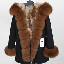 Maomaokong casaco feminino com capuz, forro de pele real de coelho natural com parca, casaco longo com capuz de pele de raposa natural 2021 2024 - compre barato