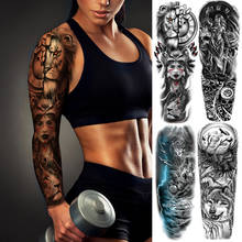 Водостойкая временная татуировка на всю руку, большой боди-арт, искусственная татуировка для женщин и мужчин, татуировка с Львом, тигром, черепом, Богом, королем, волком 2024 - купить недорого