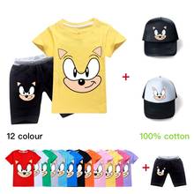 Одежда для маленьких мальчиков, Модная хлопковая летняя футболка с надписью Sonic, короткий + Кепка, топы для девочек с круглым вырезом, мультяшный комплект одежды для мальчиков, подростковая одежда 2024 - купить недорого