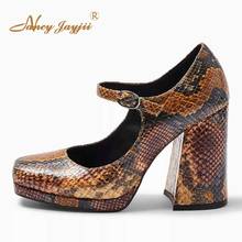 Mary jane sapatos de salto alto e quadrado, pele de cobra marrom, salto alto, fivela e plataforma, tamanhos pequenos, 33, 36 e 39 para mulheres 2024 - compre barato