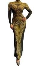 Mesh Gold Rhinestones Transparent Long Dress Women's Bar Singer Birthday Celebrate Dress Evening Women Dance Dress 2024 - buy cheap