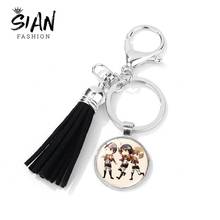 SIAN Attack on Titan Tassel Keychain Cute Characters Cartoon Picture Glass Gem Black Leather Tassel Key Rings Jewelry Souvenirs 2024 - buy cheap