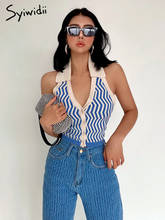 Syiwidii blusa halter para mulheres sexy, de malha listrada, com costas abertas, camiseta, curta, azul, moda verão 2021 2024 - compre barato
