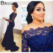 Elegant Navy Blue Evening Dresses Off the Shoulder Appliques Lace Beading Long Sleeves Mermaid Satin vestidos Long Evening Gown 2024 - compre barato