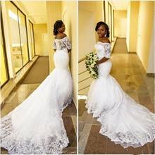 African Ivory Mermaid Wedding Dresses For Bride Half Sleeve Full Lace Applique Plus Size Long Train Off Shoulder Bridal 2024 - buy cheap