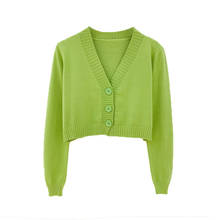Вязаный Укороченный кардиган для женщин, корейский короткий свитер с длинным рукавом и v-образным вырезом, зеленый синий 2024 - купить недорого