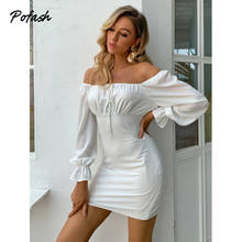 Pofash Off Shoulder Solid White Mini Dresses Women 2020 Drawstring Long Lantern Sleeves Autumn Dress Backless Bodycon Sexy Dress 2024 - buy cheap