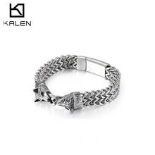 Kalen pulseira com pingente de animal lobo, de aço inoxidável, 22cm de altura, corrente de elos, envoltório, pulseira masculina, joias 2024 - compre barato
