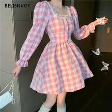 Japanese Spring Women Mini Lolita Dress Square Collar With Lace Pink Plaid Beading Dress Flare Sleeve Cute Kawaii Feminine Dress 2024 - buy cheap