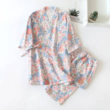 Summer V-Neck Three Quarter Cotton Kimono Pajamas Cute Floral Printing Pijama Mujer Full Length Sleepwear 2 Piece Home Clothes 2024 - купить недорого