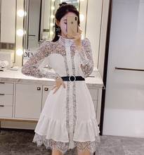 Ladies Sexy Lace Crochet Hollow Out White Dress Sweet Autumn Runway Women Long Sleeve Ruffles Elegant Party Mini Dress Vestidos 2024 - buy cheap