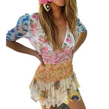 Summer Vestidos CE Boho Belted Patchwork Floral Print Mini Dress Women Asymmetric Ruffled Sexy Party Dress Puff Sleeve V-Neck 2024 - buy cheap