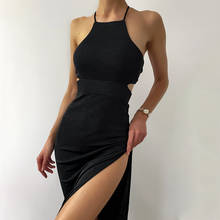 Lado split oco para fora vestido de verão 2021 halter magro bandagem de cintura alta vestidos femininos preto sexy beachwear vestido de festa 2024 - compre barato