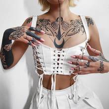 Women Gothic Punk Sleeveless White Crop Top Sexy Square Neck Camisole Hollow Out Crisscross Lace-Up Corset Slim Vest 2024 - buy cheap