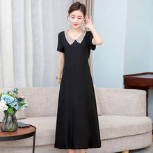 Vestido feminino vintage de verão, vestido de renda, gola virada para baixo, manga curta, preto, roupa feminina 2024 - compre barato