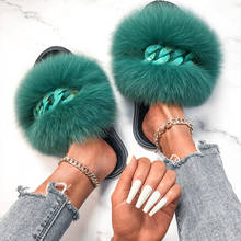 Furry Fur Slides Real Fox Fur Slippers Fluffy Flip Flops Designer Chain Plush Slippers For Women Beach Flat Sandals House Shoes 2024 - buy cheap