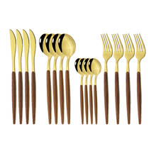 Conjunto de talheres de mesa espelhado em aço inoxidável, 16 peças, marrom, dourado, de madeira, tipo ocidental, para comida, faca, garfo, colher de chá 2024 - compre barato