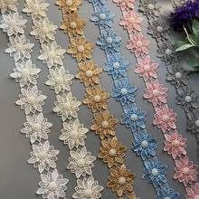 1 Yard Blue Gold White Gray Pearl Beaded Lace Ribbon Trim Embroidered Flower Applique Patches Fabric Sewing Craft Wedding Dress 2024 - buy cheap