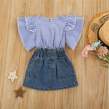 Kids Baby Girls Summer Fashion 2-piece Outfit Set Fly Sleeve Striped Blouse Tops and Denim Skirt Set for 2-7T 2024 - buy cheap