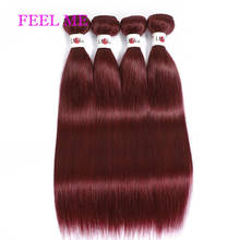 FeelMe-mechones de cabello humano liso para mujeres negras, extensiones de cabello Remy peruano 99j, color vino rojo oscuro, 3/4 Uds. 2024 - compra barato