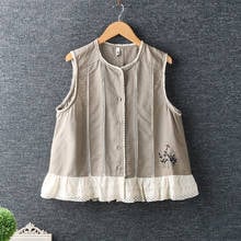 2021 Summer Art Embroidery Floral Sleeveless Shirt Ruffle Loose Vest Top Solid Color Vest Female Patchwork Cotton Linen Tank Top 2024 - buy cheap