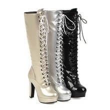 YMECHIC 2019 Fashion New Super High Heels Platform Boots Gold Silver Black Gothic Shoes Cross Tied Knee High Motorcycle Boots 43 2024 - buy cheap