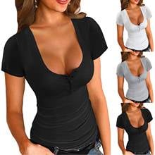 40# Womens Basic Sexy Low Cut Tshirts Button Short Sleeve Down Tight Slim Fitted Bodycon Tee Tops T Shirts Women Clothing 2024 - buy cheap