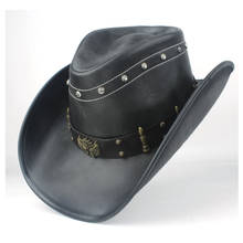 100% couro mulheres homens caubói do oeste aba larga ha cinto punk jazz sombrero homem chapéu do papai tamanho 58-59cm 2024 - compre barato