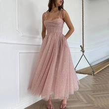 Dusty Pink Starry Evening Dresses 2021 Tea-Length Spaghetti Straps Pleat Sparkly Short Party Prom Gown Sleeveless Tulle 2024 - buy cheap