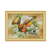 Flowers and the violin cross stitch kit cartoon 14ct 11ct count print canvas stitching embroidery DIY handmade needlework 2024 - buy cheap