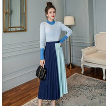 New  Autumn spring Women Elegant Sweater Pullover+Pleated skirt 2 piece Set Slim Knitted Long Sleeve Sweater Blue Patchwork Suit 2024 - buy cheap