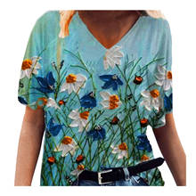 S-5XL de talla grande para mujer, blusas con estampado de flores, camisas de manga corta con cuello en V, blusas y camisas de verano 2024 - compra barato