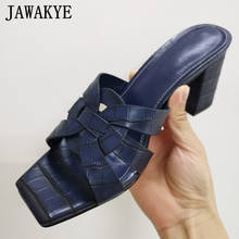 Jawoye sandálias de salto grosso, chinelos de couro legítimo, cor azul, dedo aberto para o verão, praia 2024 - compre barato