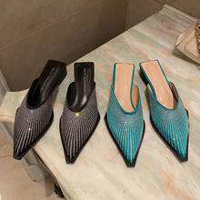 Spring 2021 Women Slipper Bling Rhinestone Shallow Design Elegant Square Blue Low Heel Sandal Shoes Slip On Mules Ladies Mules 2024 - buy cheap