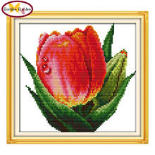 Gg vermelho tulipa flor carimbado ponto cruz 11 14ct bordado conjunto alegria domingo chrinese contado ponto cruz padrão para decoração de casa 2024 - compre barato