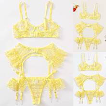 Conjunto breve de sutiã amarelo, sutiã bordado, tanga, temptação, roupa íntima, cinta de liga, conjuntos transparentes, lingerie sexy erótica 2024 - compre barato