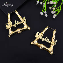 HIYONG-pendientes de aro triangulares de bambú para mujer y niña, aretes con nombre personalizado, estilo Hip-Pop geométrico, 50mm y 70mm, regalo de joyería 2024 - compra barato