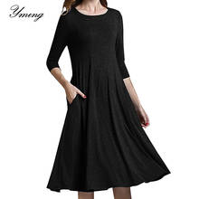 Yming-vestido Midi de manga 3/4 con bolsillos para mujer, elegante, fruncido, para fiesta, oficina, negro, cuello redondo, playa, informal 2024 - compra barato