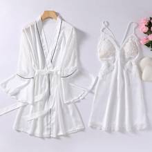 Conjunto de Albornoz Kimono de encaje para mujer, ropa de dormir Sexy de seda de imitación, suave y fina, para el hogar, color blanco, para verano 2024 - compra barato
