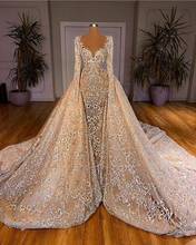 Champagne Wedding Dresses With Detachable Train V-Neck Long Sleeves Wedding Gowns Vestido De Noiva 2020 Custom Made 2024 - buy cheap